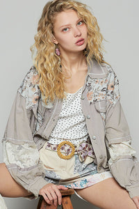 Light Grey Multi Balloon Sleeve Printed Woven Mixed Denim Shacket