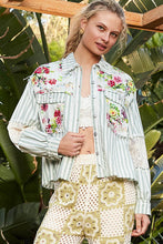Striped Sage Multi Balloon Sleeve Printed Woven Mixed Denim Shacket