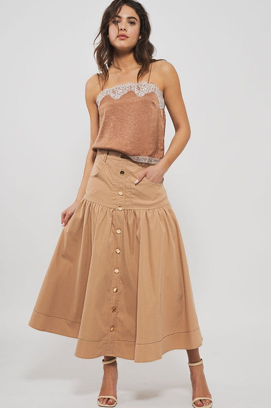 Khaki Florence High Waisted Button Midi Skirt