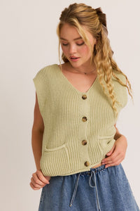 Lt Green Button Down Front Pocket Sweater Vest