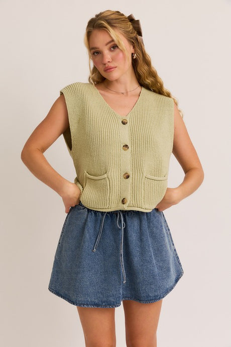 Lt Green Button Down Front Pocket Sweater Vest