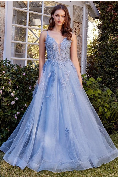 Blue Lace Appliqued A-Line Layered Tulle Gown