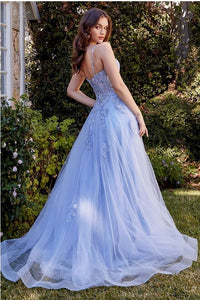 Blue Lace Appliqued A-Line Layered Tulle Gown