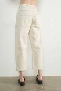 Cream Barrel Denim Pants With Eyelet Waist