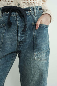 Medium Wash Barrel Denim Pants With Eyelet Waist