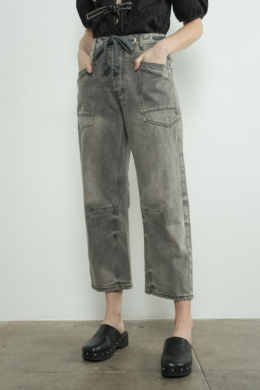 Grey Wash Barrel Denim Pants With Eyelet Waist