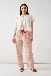 Rust Stripe Barrel Denim Pants With Eyelet Waist