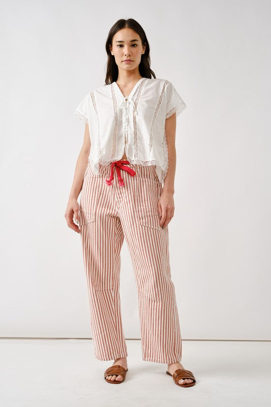 Rust Stripe Barrel Denim Pants With Eyelet Waist