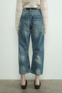 Medium Wash Barrel Denim Pants With Eyelet Waist