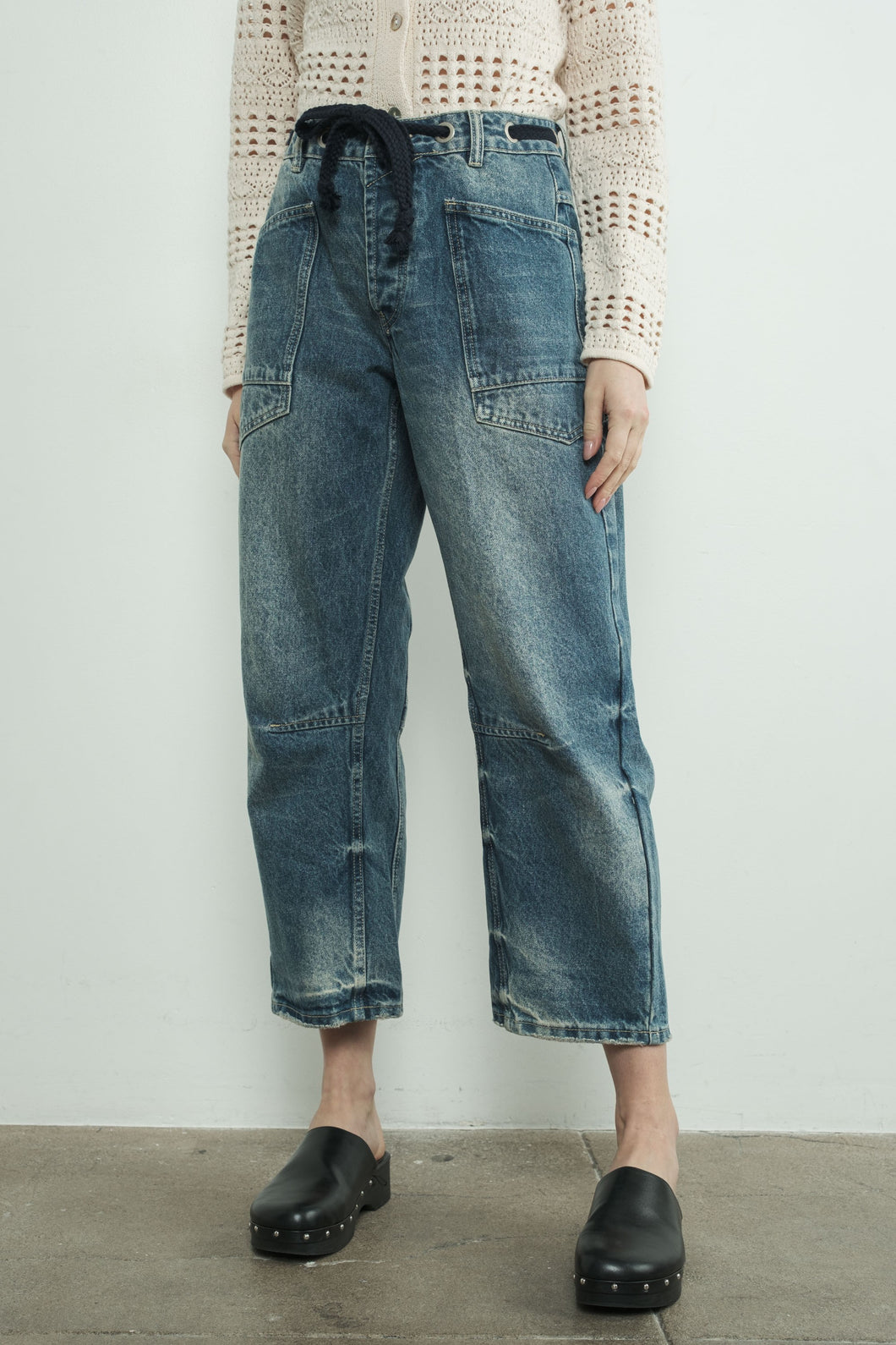 Medium Wash Barrel Denim Pants With Eyelet Waist