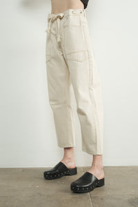 Cream Barrel Denim Pants With Eyelet Waist