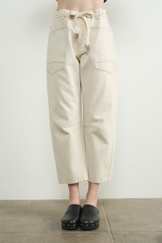 Cream Barrel Denim Pants With Eyelet Waist