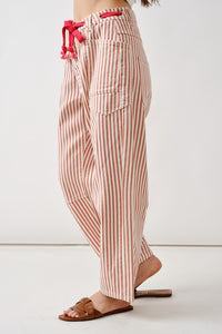 Rust Stripe Barrel Denim Pants With Eyelet Waist