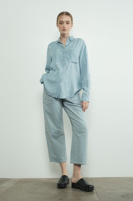 Stripe Denim Barrel Denim Pants With Eyelet Waist