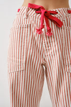 Rust Stripe Barrel Denim Pants With Eyelet Waist