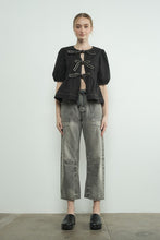 Grey Wash Barrel Denim Pants With Eyelet Waist