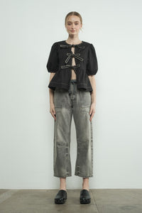 Grey Wash Barrel Denim Pants With Eyelet Waist
