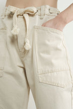 Cream Barrel Denim Pants With Eyelet Waist