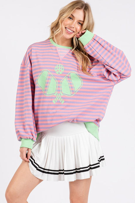 Pink/Lilac/Green Striped Pickleball Print Sweatshirt