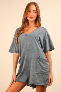 Denim Mineral Washed Oversized Casual Knit Romper