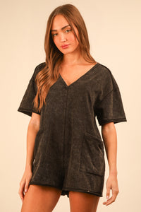 Black Mineral Washed Oversized Casual Knit Romper