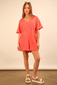 Coral Mineral Washed Oversized Casual Knit Romper
