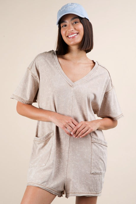 Taupe Mineral Washed Oversized Casual Knit Romper