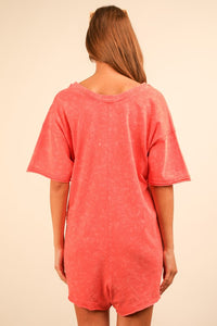 Coral Mineral Washed Oversized Casual Knit Romper