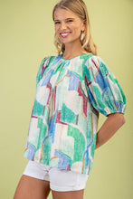 Green Short Puff Sleeves Printed Round Neck Top