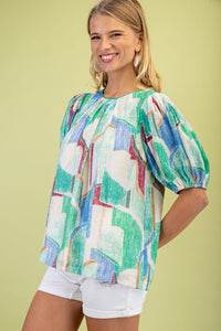 Green Short Puff Sleeves Printed Round Neck Top