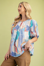 Blue Short Puff Sleeves Printed Round Neck Top