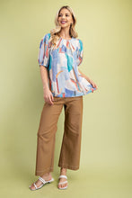 Blue Short Puff Sleeves Printed Round Neck Top