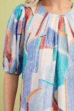 Blue Short Puff Sleeves Printed Round Neck Top