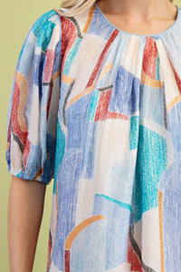 Blue Short Puff Sleeves Printed Round Neck Top