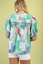 Green Short Puff Sleeves Printed Round Neck Top