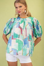 Green Short Puff Sleeves Printed Round Neck Top