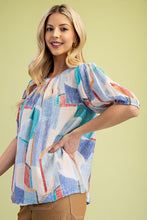 Blue Short Puff Sleeves Printed Round Neck Top