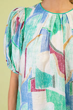 Green Short Puff Sleeves Printed Round Neck Top