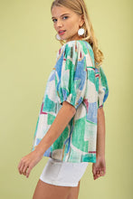Green Short Puff Sleeves Printed Round Neck Top