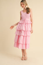 Pink Multi Striped Tiered Ruffle Midi Dress