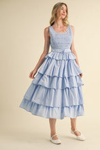 L Blue Multi Striped Tiered Ruffle Midi Dress