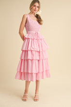 Pink Multi Striped Tiered Ruffle Midi Dress