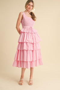 Pink Multi Striped Tiered Ruffle Midi Dress