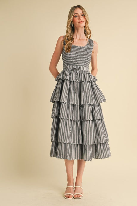 Black Multi Striped Tiered Ruffle Midi Dress