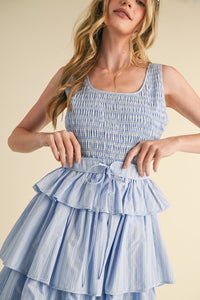L Blue Multi Striped Tiered Ruffle Midi Dress