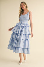 L Blue Multi Striped Tiered Ruffle Midi Dress
