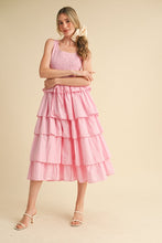 Pink Multi Striped Tiered Ruffle Midi Dress