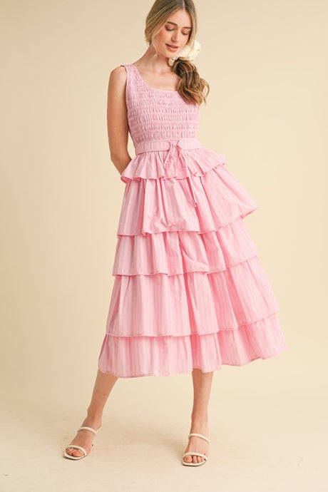 Pink Multi Striped Tiered Ruffle Midi Dress