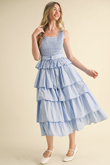 L Blue Multi Striped Tiered Ruffle Midi Dress