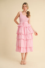 Pink Multi Striped Tiered Ruffle Midi Dress